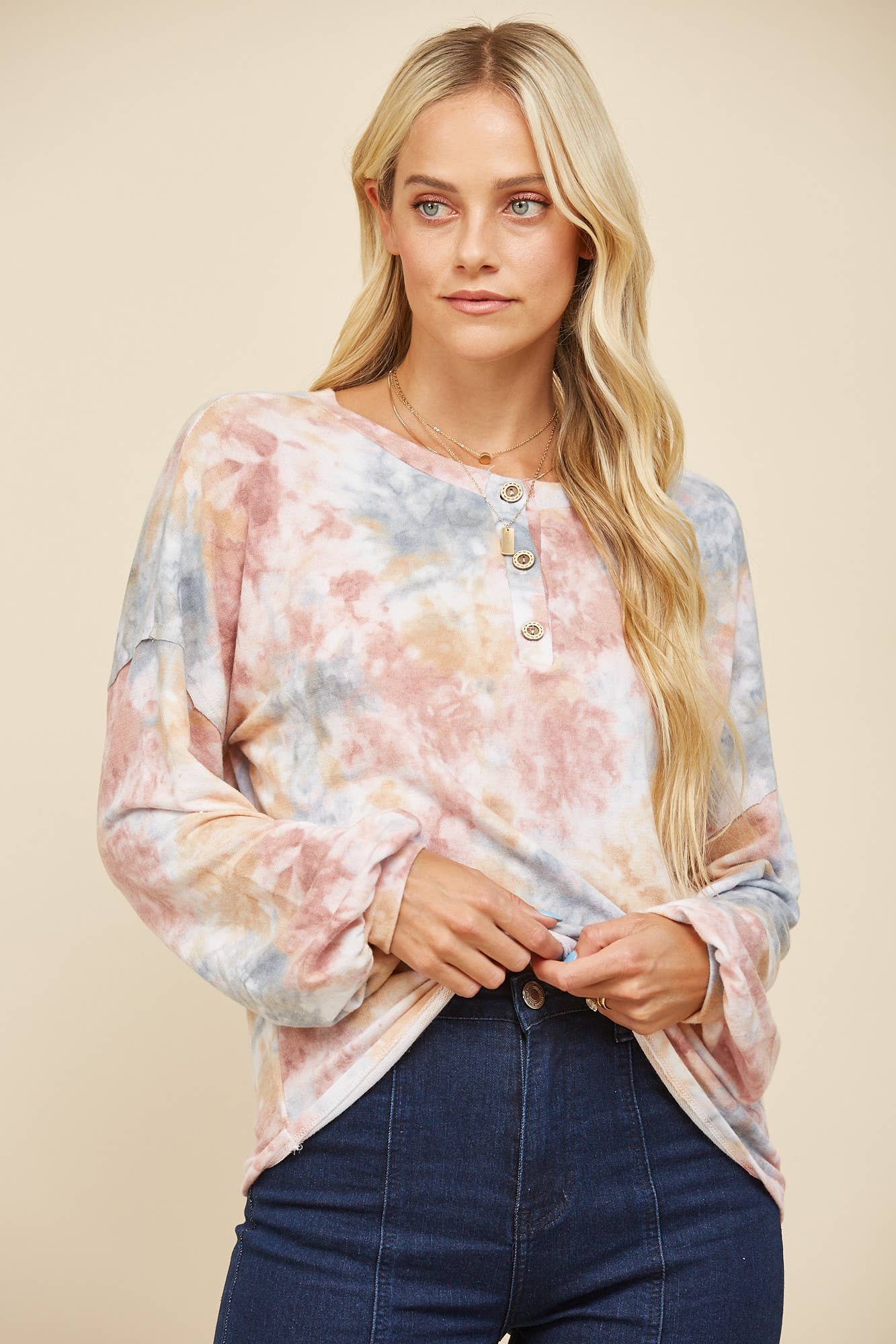 WATER COLOR BALLOON SLEEVED PULLOVER KNIT TOP 1415