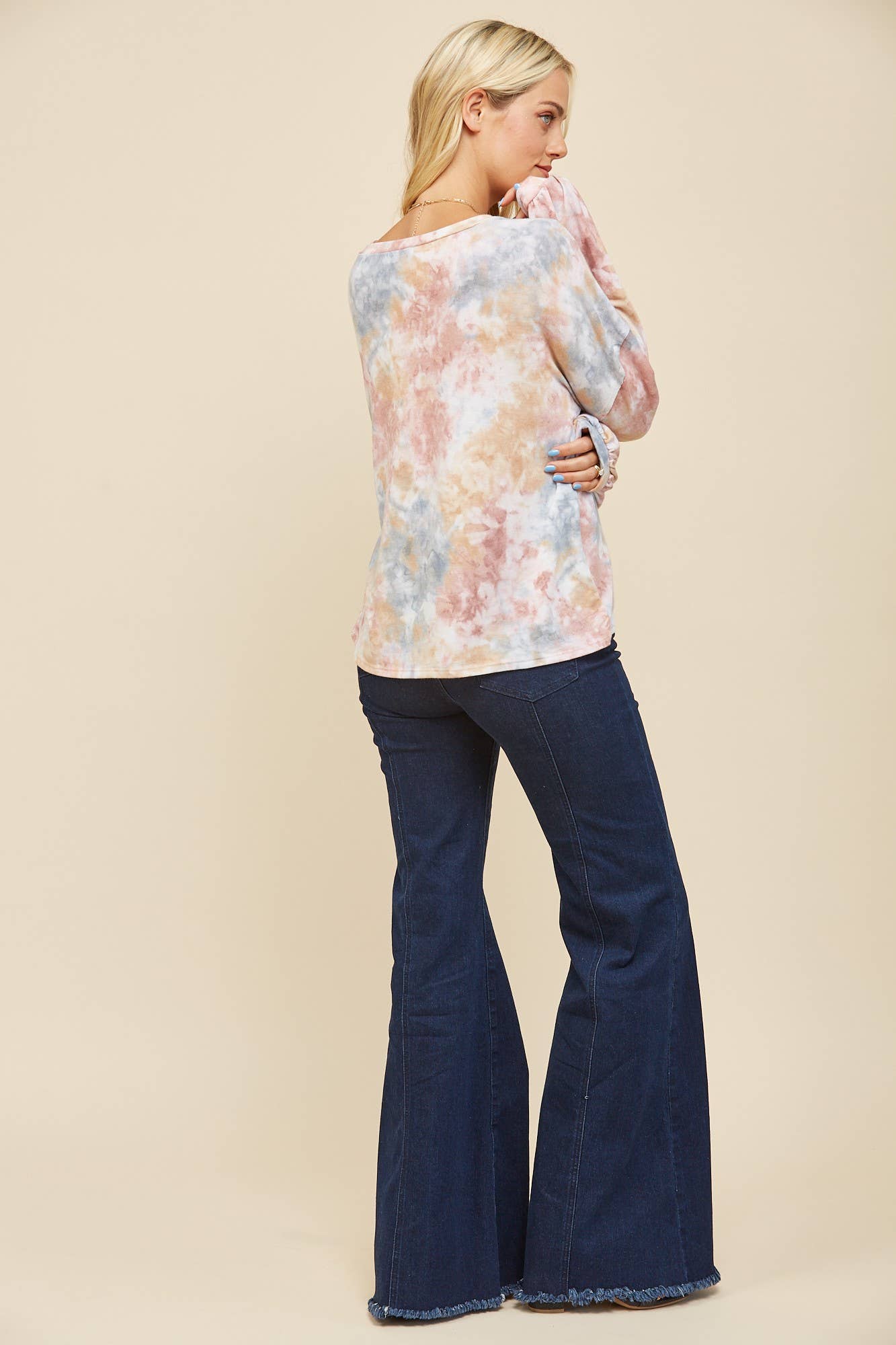 WATER COLOR BALLOON SLEEVED PULLOVER KNIT TOP 1415