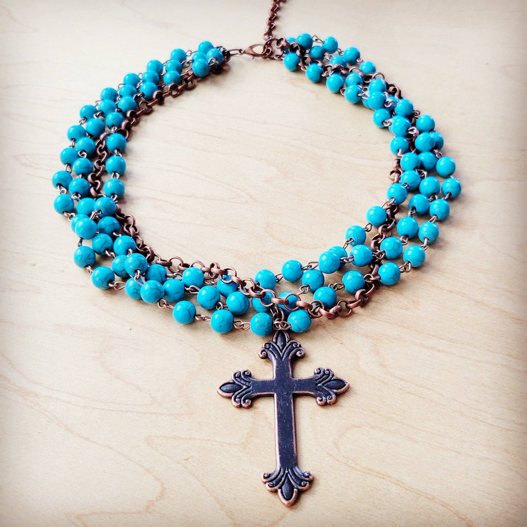 Blue Turquoise Beaded Collar Necklace w/ Cross Pendant - The Jewelry Junkie