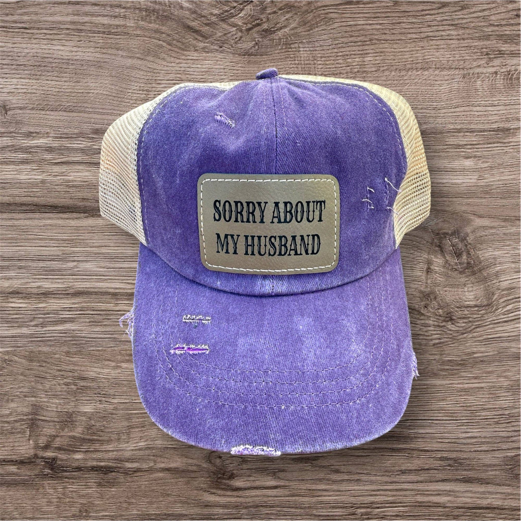 Engraved Sorry About My Husband Women's Ponytail Hat: Teal / White
