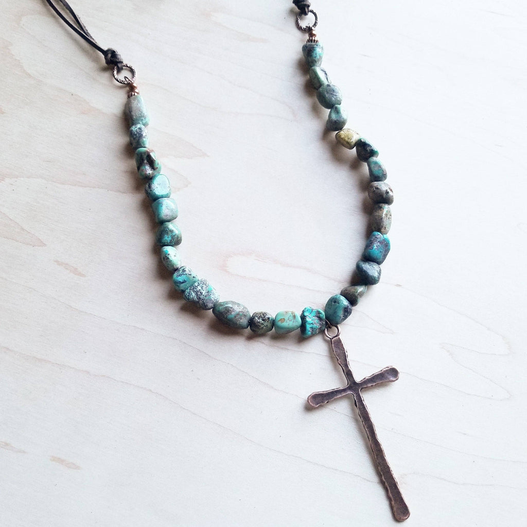 Natural Turquoise Beaded Necklace wi/ Copper Cross Pendant - The Jewelry Junkie