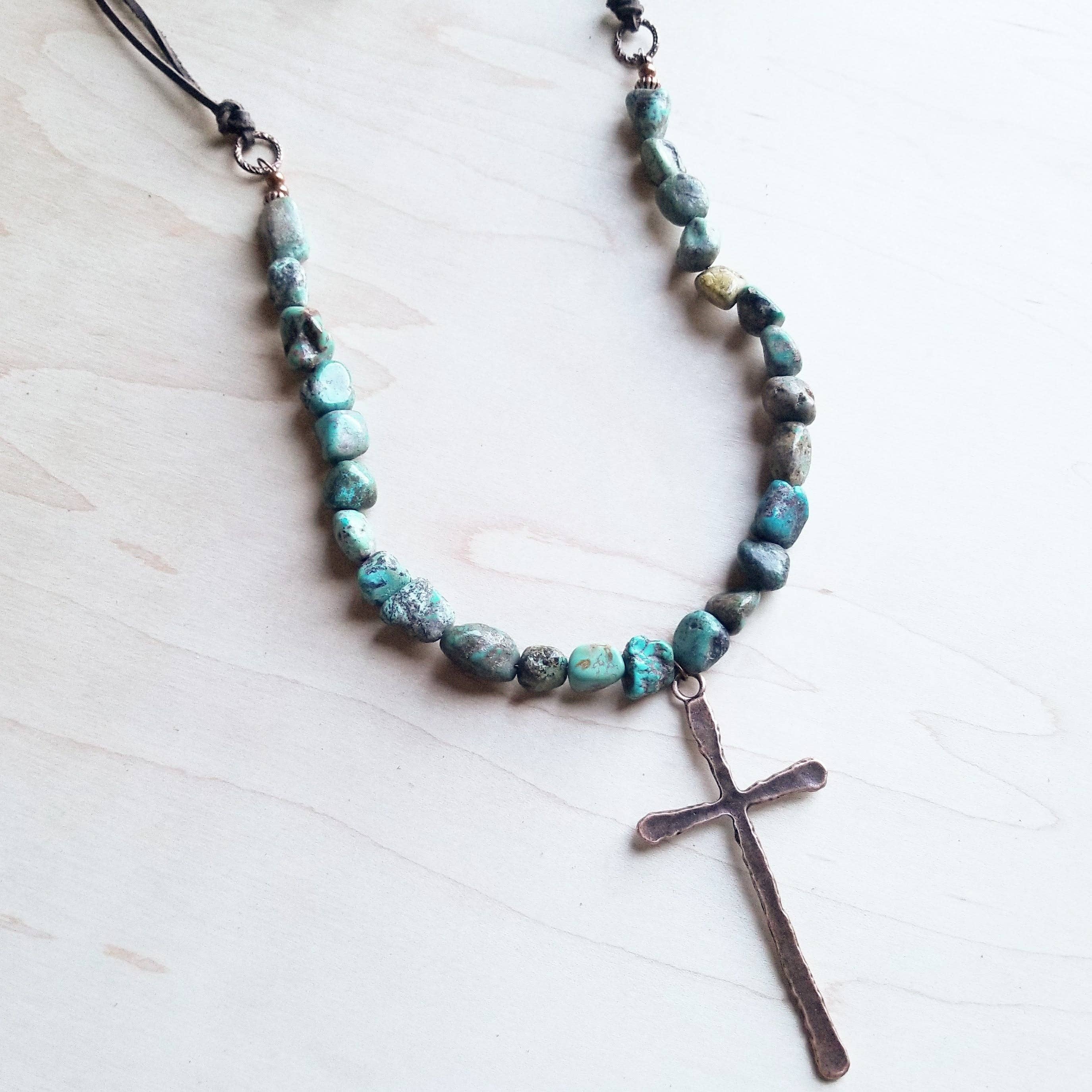 Natural Turquoise Beaded Necklace wi/ Copper Cross Pendant - The Jewelry Junkie